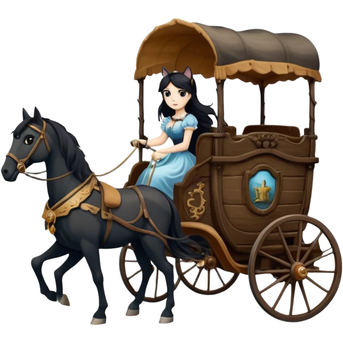  Rustic all black antique wood Barbie Gypsy 1854 pretty dark-haired Catgirl driving a huge horse-drawn fancy French stagecoach Caravan on a bumpy scary ghost trail in the woods  emoji
