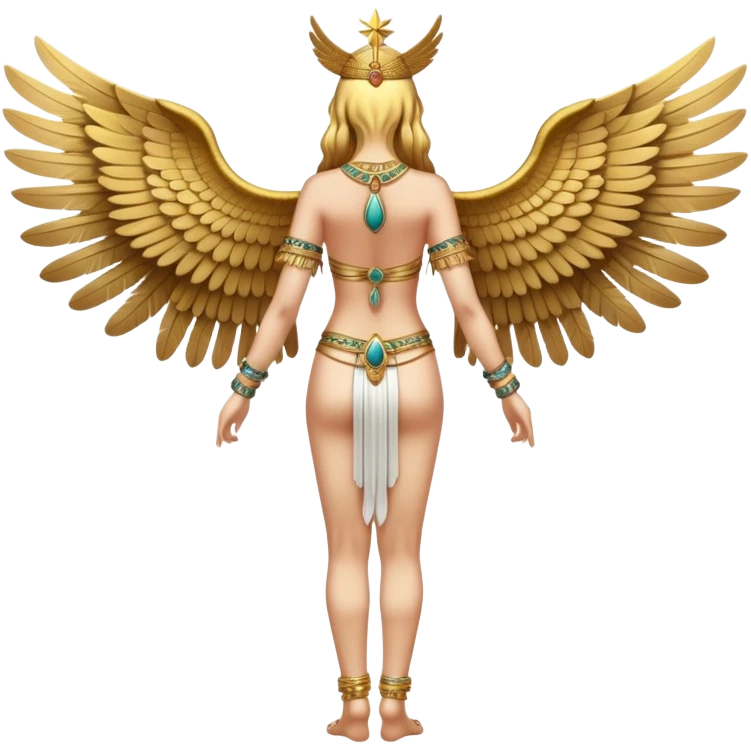 fullbody back view of Anunnaki goddess Inanna with large ornate feathered wings, bare back, Mesopotamian star symbols, and gold bracelet cuffs on wrists and ankles emoji