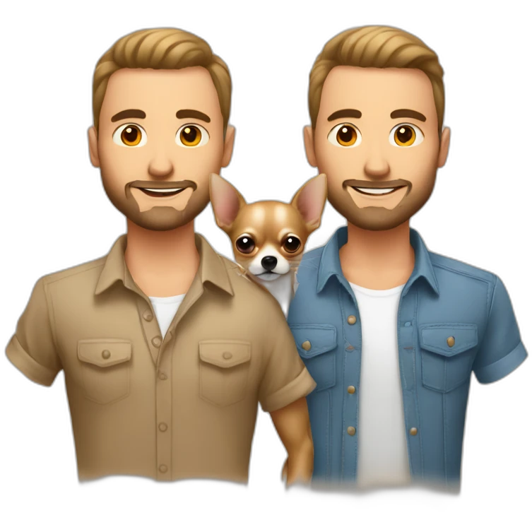 Couple hommes gay avec un chihuahua poils longs couleur sable emoji