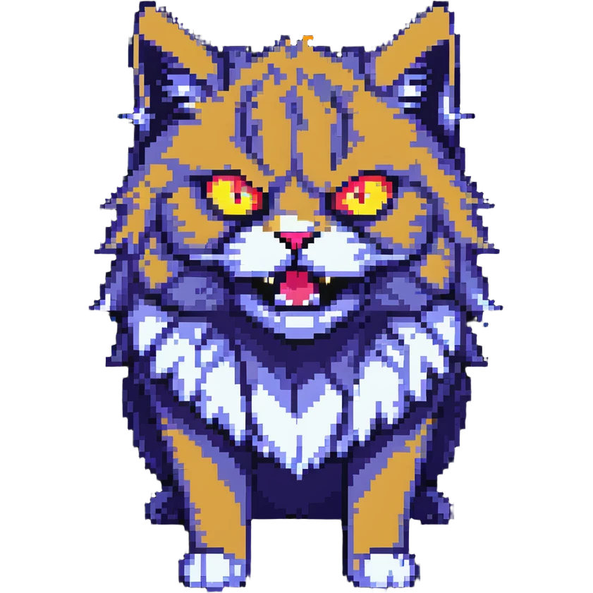 fierce fluffy cat with glowing eyes and snarl emoji