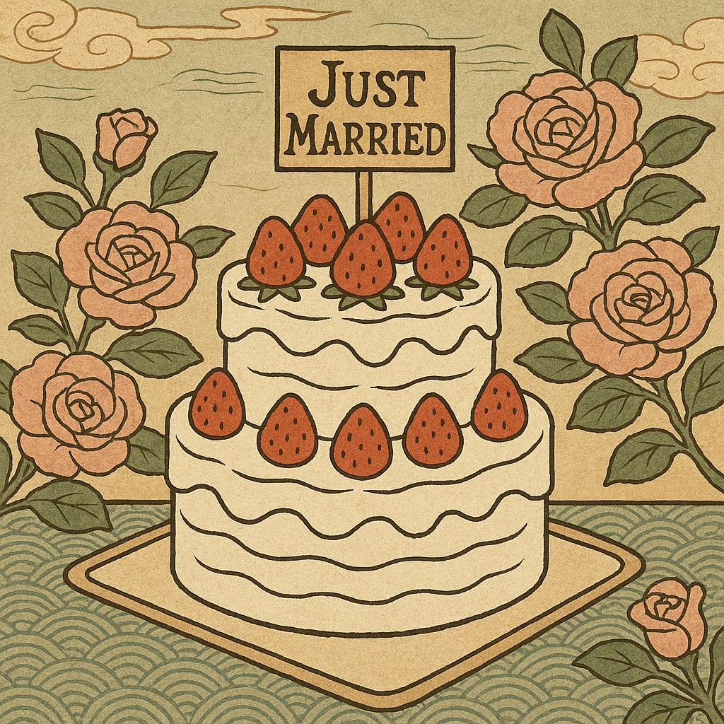 white wedding cake with strawberries, pink roses, 'Just Married' topper, ukiyo-e style emoji