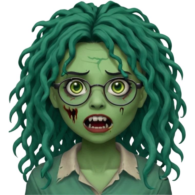 One female green-skinned, zombie super pretty with glasses, with ombre black roots & dark teal long locks and a side bang of her locs that fall over the right eye and a sinister expression with the mouth open, teeth showing, and the jaw uneven. with a small wound near its mouth. Make her locks curly emoji