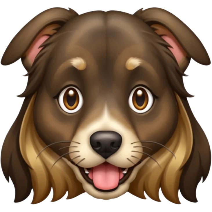 dog face with long black+brown brindle coat and bridge of nose. ears stand up w/ tips folded down. make eyes light brown-ish gold. widen tongue and add dark splotch. keep mane long.  emoji