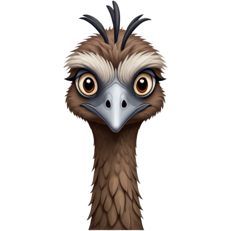 Cinematic Noble Emu Portrait Emoji, Poised and regal, with a tall, slender build and a shaggy, well-groomed fur of earthy brown feathers, a long elegant neck and deep-set soulful eyes, Simplified yet sharp and sophisticated features, highly detailed, glowing with a soft, dignified glow, high shine, intelligent and stately, stylized with an air of outback majesty, focused and attentive, soft glowing outline, capturing the essence of a watchful and confident bird, so majestic it feels as though it could stride out of the screen with effortless authority! emoji