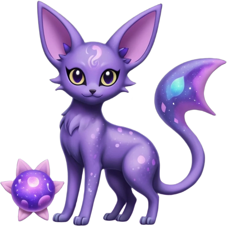 Obsidian Black Iridescent Deep-Violet Cosmic-Speckled Nebula-Marked Espeon-Noibat-Purrloin-hybrid-creature (full body) emoji