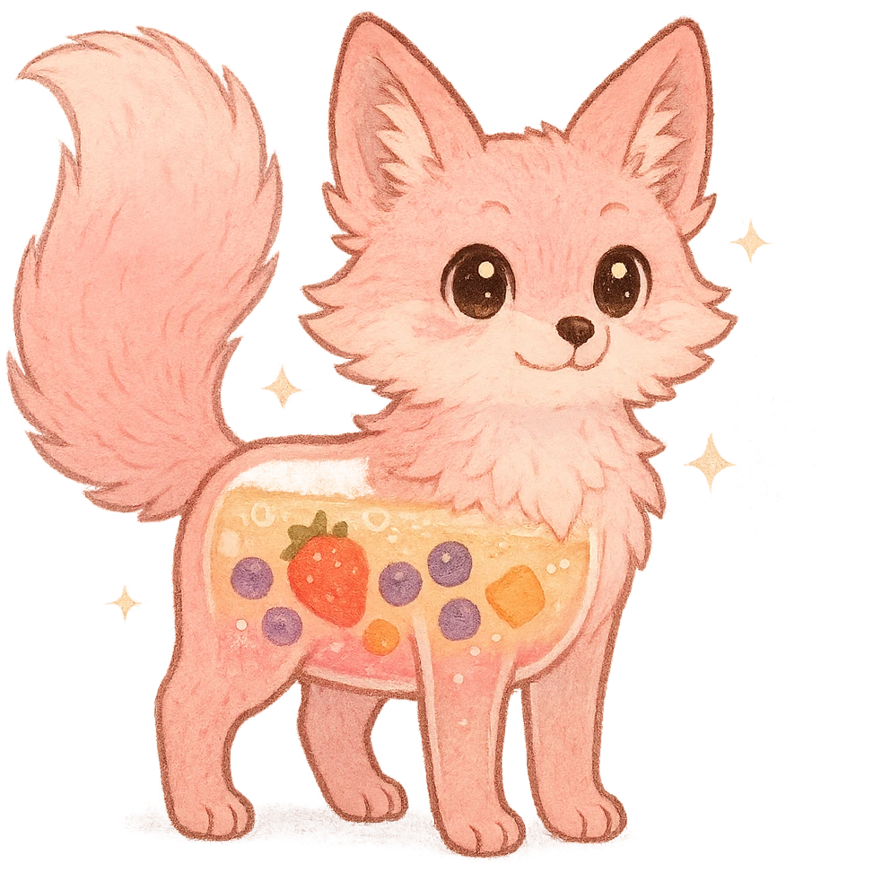 full-body fluffy fox in pastel pink, transparent body with visible fruity smoothie, sparkling eyes emoji