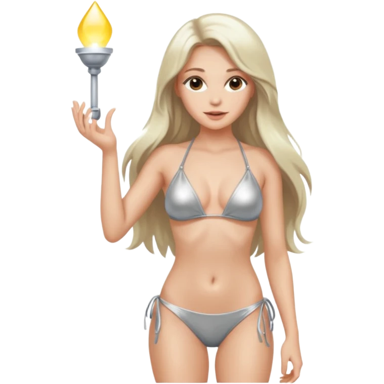 woman with light long hair in silvr bikini looking at the camera with sexy pose emoji