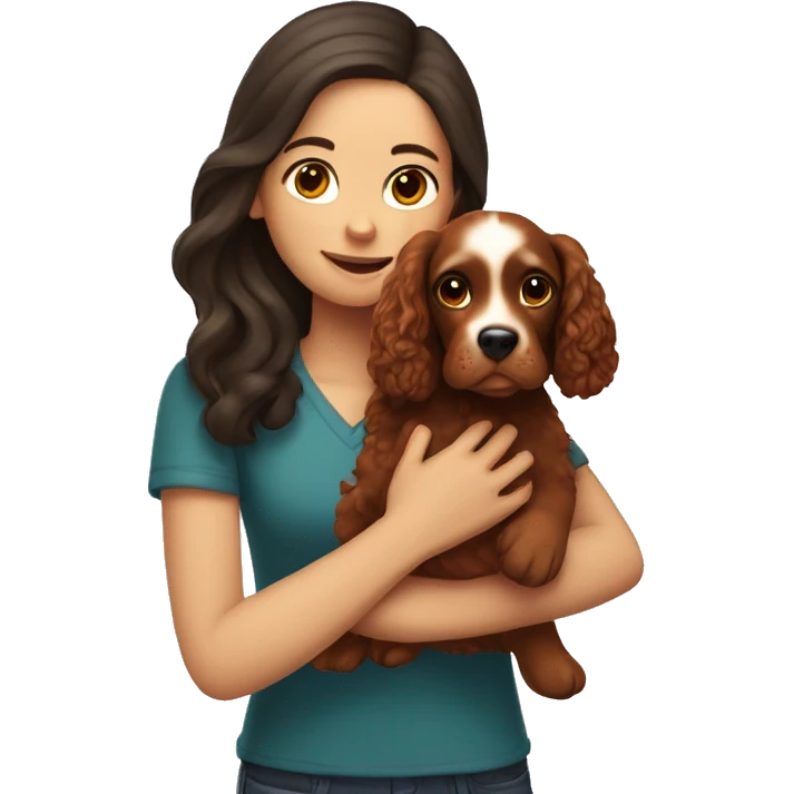 brunette girl holds red cocker spaniel in her arms emoji