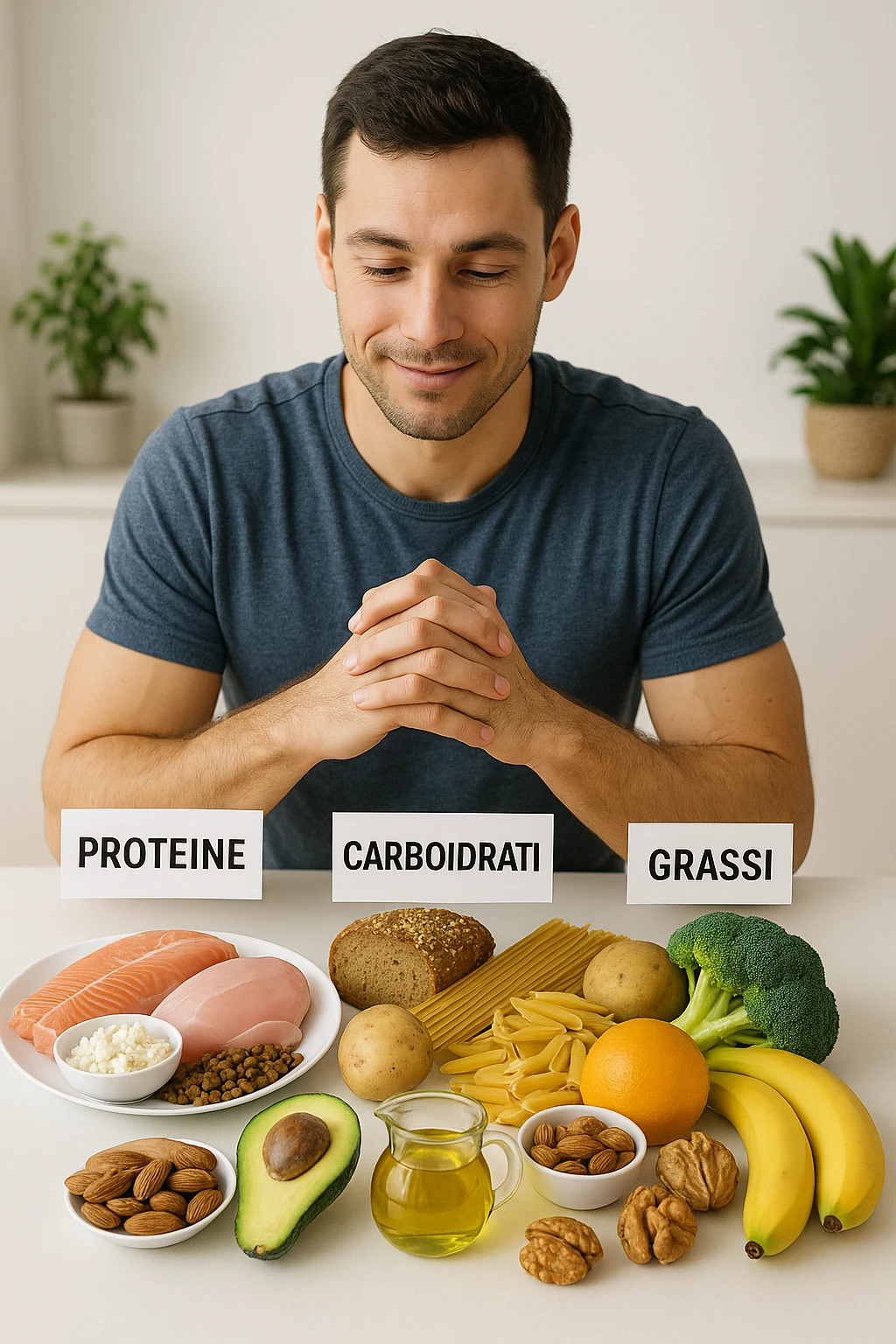 uomo che fa alimentazione attraverso i giusti macronutrienti. Scritte in ITALIANO immagine 4k realistica emoji