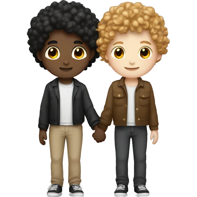two boys holding hands one white skin brown curly hair jaw length othe white skin black short hair slightly longer on top emoji