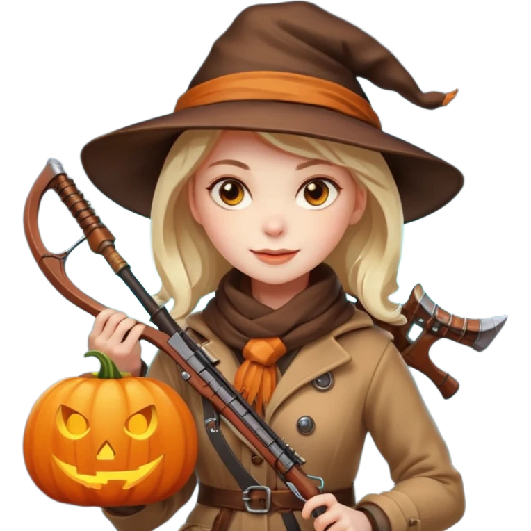 female human monster hunter emoji, wearing brown coat and hat, holding crossbow, soft smile, scarf, glowing pumpkin by her side, Halloween fantasy style, clean vector Apple emoji look, bright colors, white background, square emoji