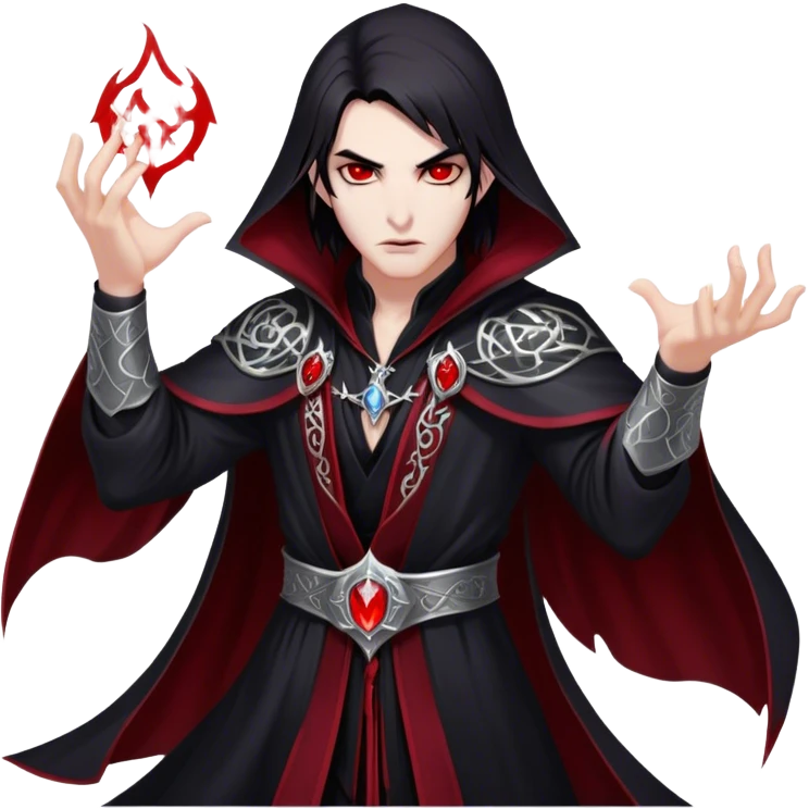 Cinematic Realistic WoW Vampire Mage Portrait, captured in a dynamic, battle-ready pose as he unleashes a torrent of arcane energy. His pallid skin and sleek dark hair contrast sharply with the flowing black robe adorned in silver filigree and glowing runes, while his crimson eyes radiate unyielding power. Rendered with intense, lifelike texture and dynamic, eerie lighting, high shine, embodying the fierce, relentless spirit of a dark sorcerer. emoji