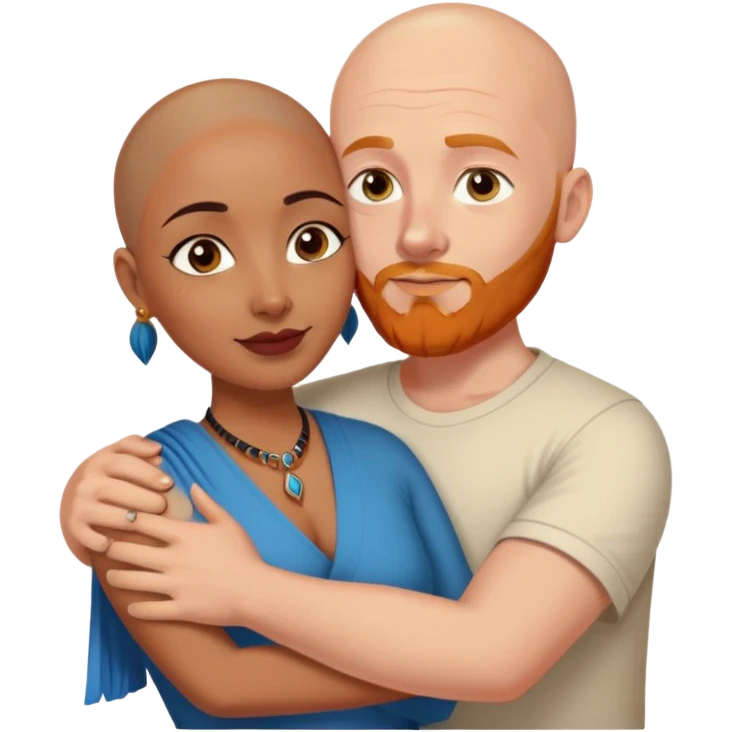 Bald white male with ginger beard and blue eyes hugging indian brown woman with short DARK black hair emoji