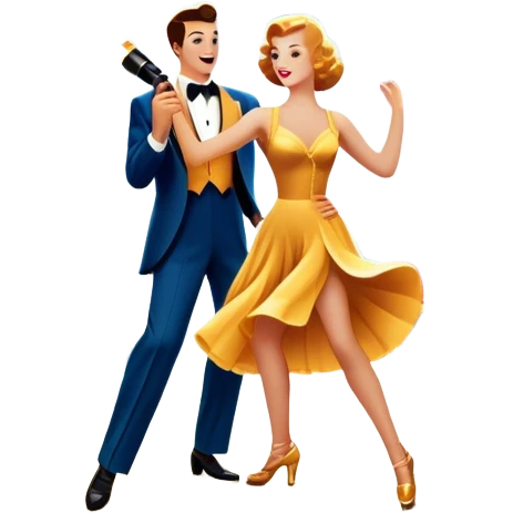 Vintage movie poster-style icon for a musical film. A vibrant street scene with bright lights, dancers mid-step, a singer with a microphone, and a jazz band playing. The cityscape glows in the background, evoking the golden era of musicals. Transparent background. emoji