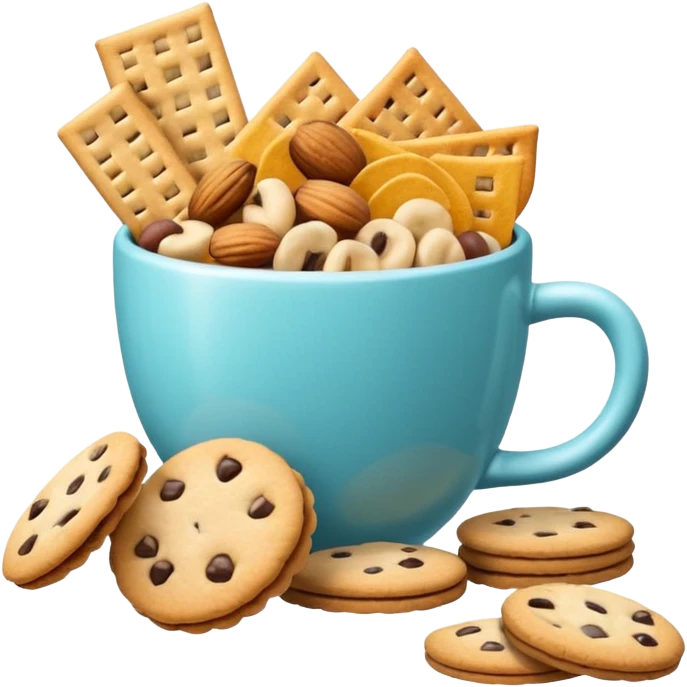3D minimal icon with a variety of snacks (chips, cookies, crackers, nuts) arranged abundantly, plus a small neutral cup (not a soda cup). Include a subtle accent in #FF3D00. Clean and modern style. emoji