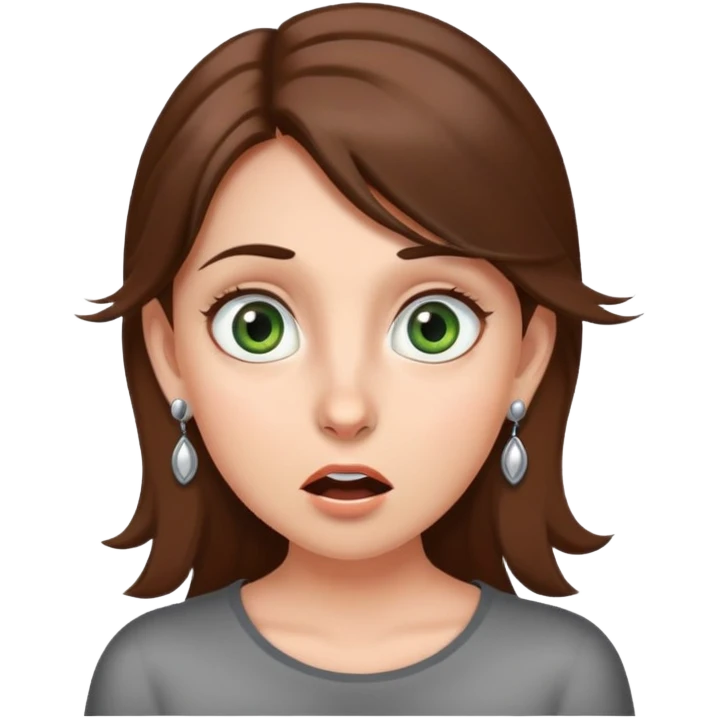 girl with gray-green eyes, brown hair, earrings, mole on cheek, surprised emotion emoji
