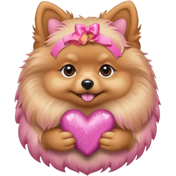A perfect Tan Pomeranian holding a pink glitter heart  emoji