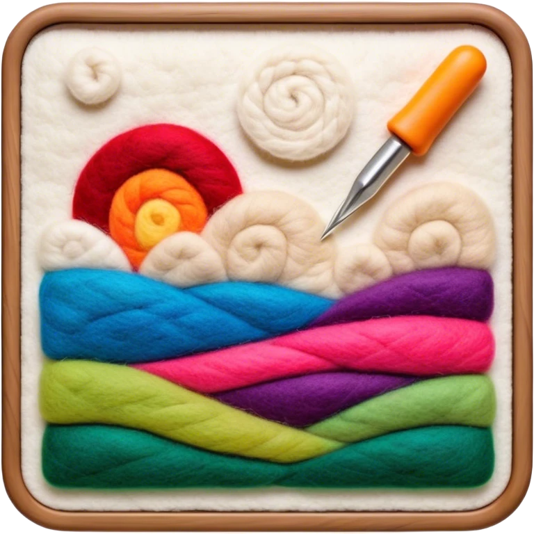 Felt art creation icon, layers of colorful felt being carefully shaped with felting needles into a large picture or decorative design, visible hand tools like felting needles, no finished artwork, just the process of felting, minimalistic style, clean lines, transparent background. emoji
