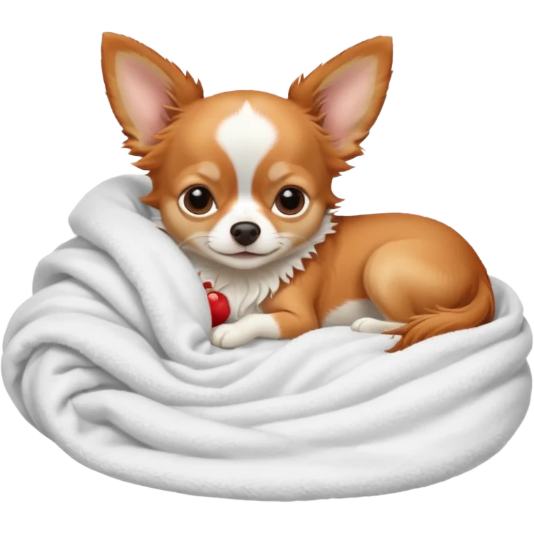 Long haired chihuahua, beige/redhaired with white chest and white socks, sleeping cutely under blanket emoji