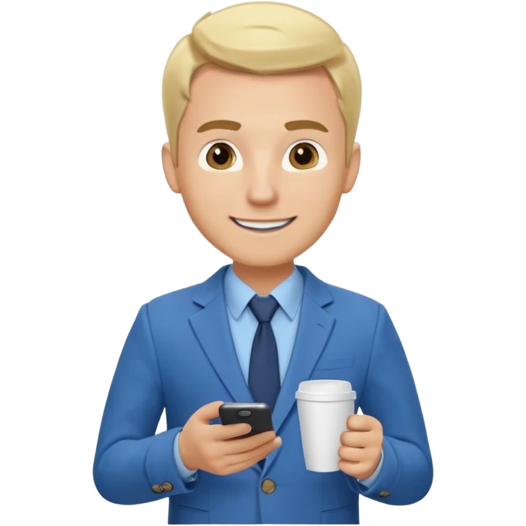 Confident and outgoing male entrepreneur, Caucasian features, blonde hair, big friendly smile, expressive eyes, defined eyebrows, wearing a blue blazer over a light blue shirt, holding a smartphone in one hand and a coffee cup in the other, waist-up, front-facing emoji