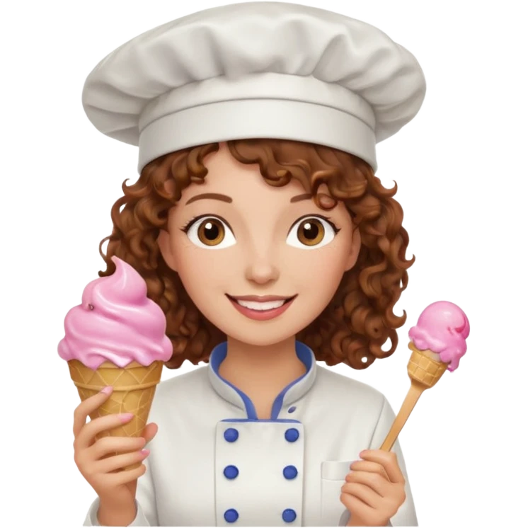 woman brown curly hair, chef, eating pink ice cream emoji