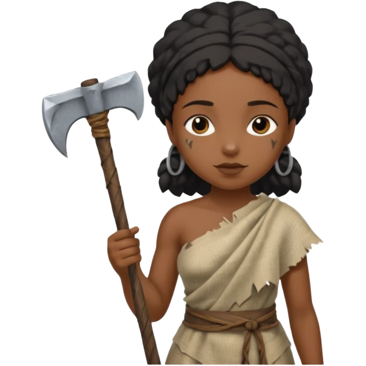 ancient black girl, tattered leaf cloth, hold broken stone ax emoji