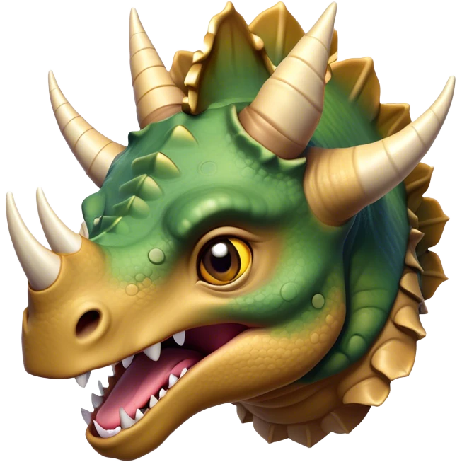 Cinematic Comical Triceratops Portrait Emoji, Head tilted dramatically with an exaggeratedly shocked expression, featuring a stout, armored body with three comically exaggerated horns and a frilled head, wide, comically expressive eyes full of playful disbelief, Simplified yet hilariously expressive features, highly detailed, glowing with a slightly sassy prehistoric glow, high shine, dramatic yet playful, stylized with an air of cheeky dinosaur mischief, soft glowing outline, capturing the essence of a meme-worthy Triceratops that looks ready to side-eye its way into viral fame! emoji