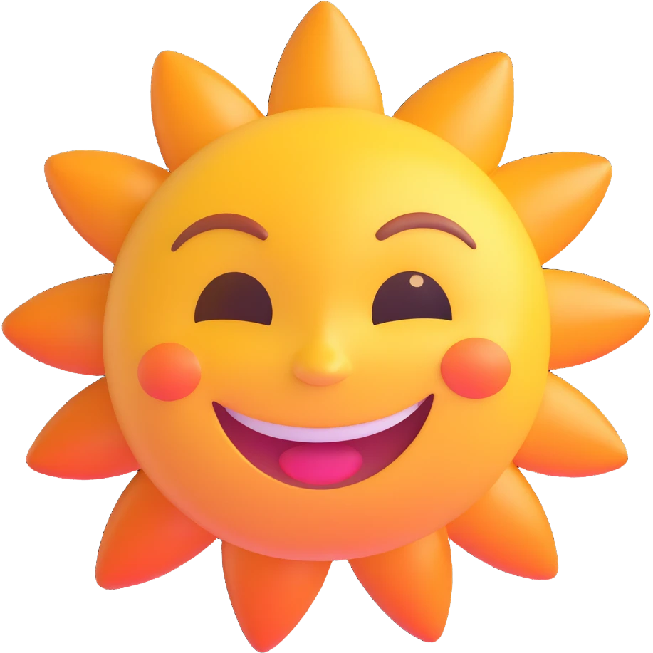 pastel yellow, smiling, plump, glossy sun emoji