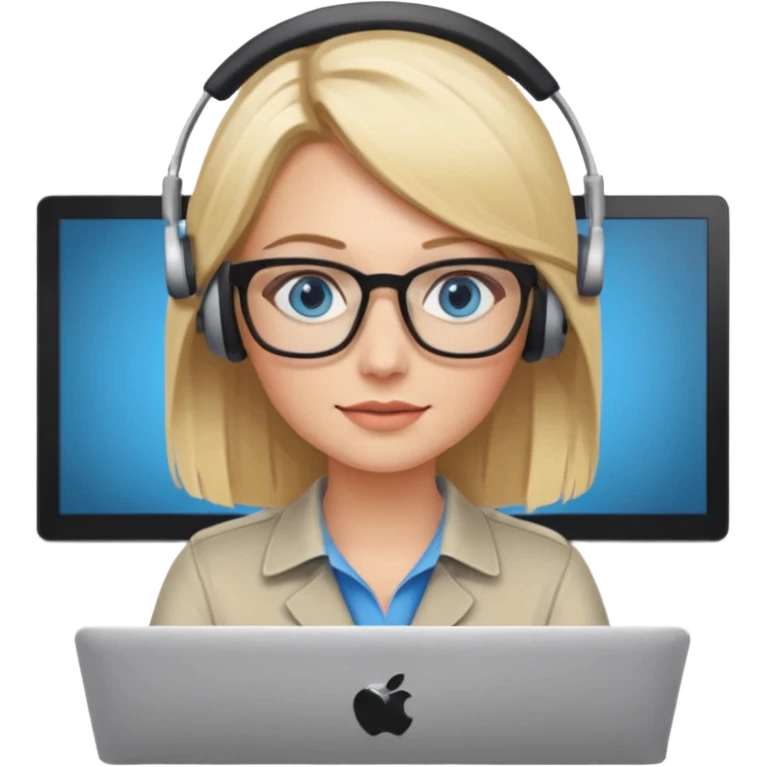 donna bionda occhi azzurri con occhiali, capelli media lunghezza lisci, è al pc è una grafica editoriale e redattrice emoji
