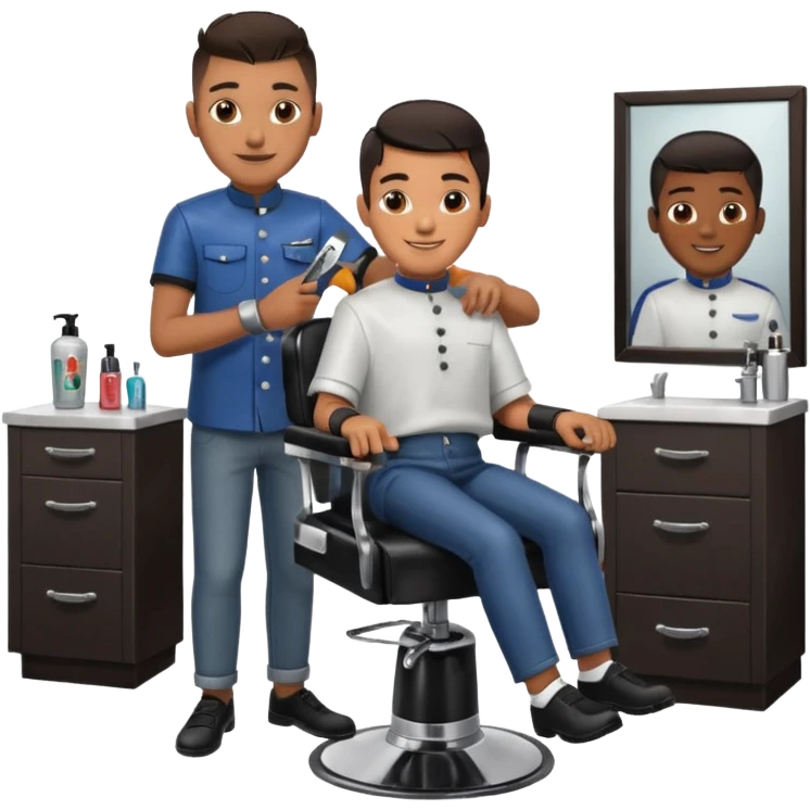 Barber cutting teenage boys hair. Show the boy sat in black barber chair and both having smiles on their faces. Both have dark hair emoji