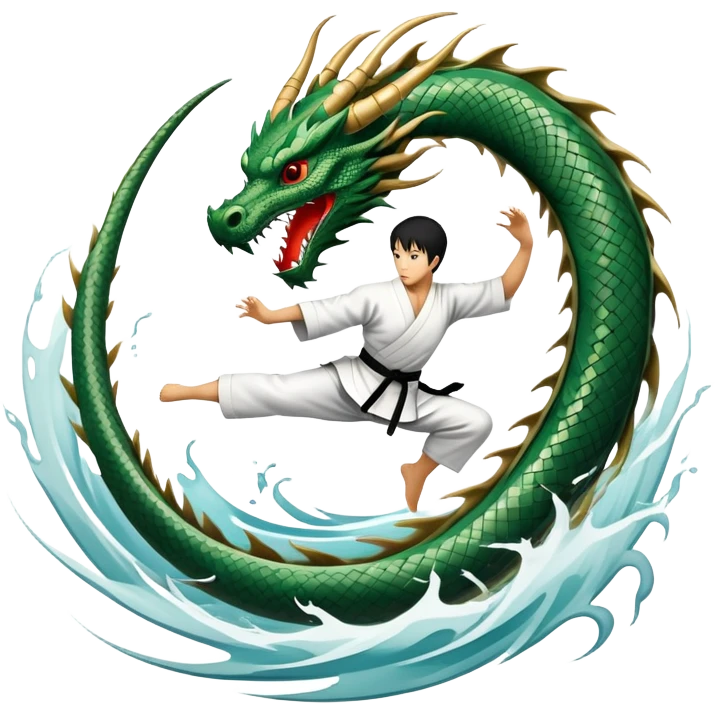 An icon symbolizing Eastern martial arts in the style of an emblem, featuring a black-and-white Yin-Yang symbol at the center and a powerful dragon wrapping around it. A martial artist is performing a fluid kick, surrounded by elements like a dojo and bamboo. Transparent background emoji