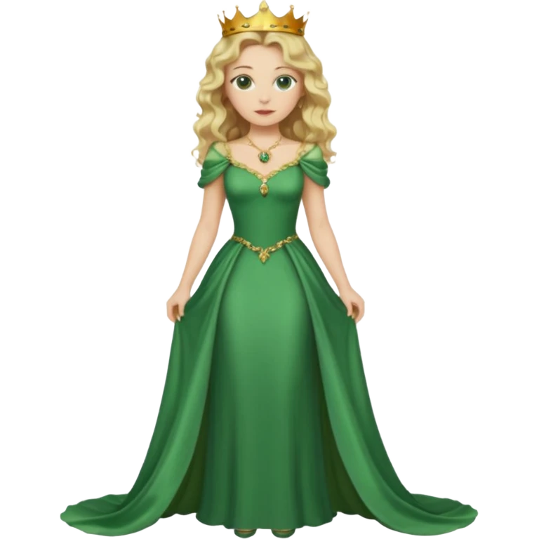 Queen, crown, blonde wavy hair, green eyes, long green narrpw dress, whole Body, emoji