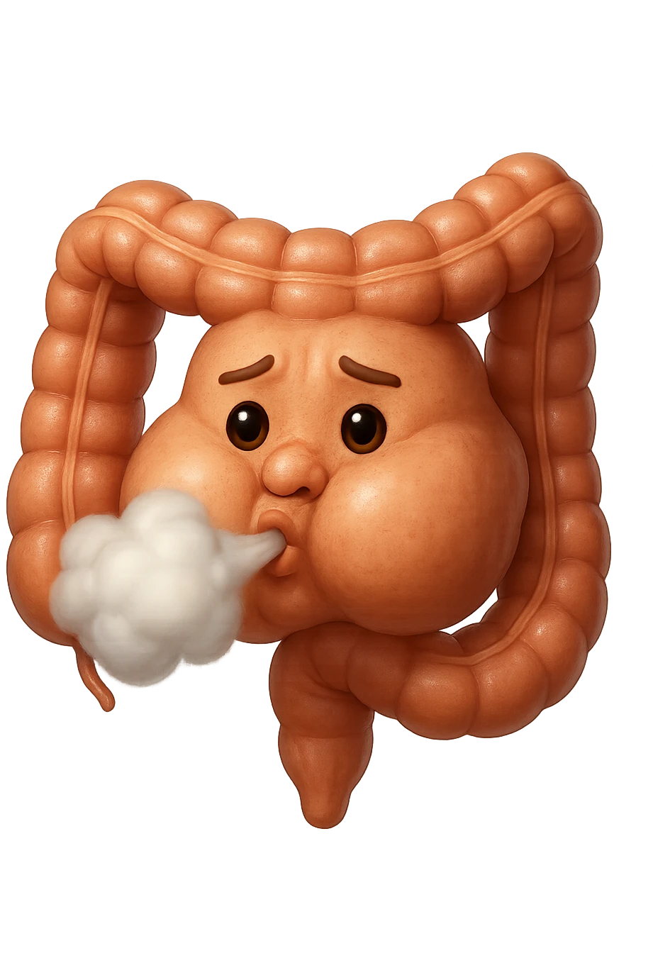 emoji stile iphone di un intestino che ingoia una nuvoletta di aria ben visibile e gli si gonfia la pancia, non fargli il naso, iperrealistico 4k emoji