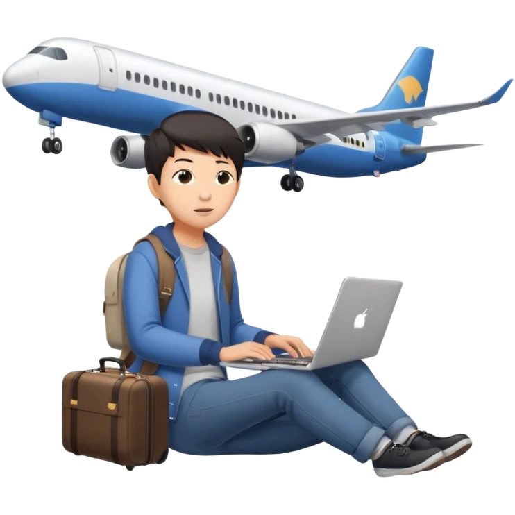 페르소나 요약 : 교환학생을 준비하는 대학생. 동양인 중성 20대의 상반신, 캐주얼한 옷을 입은 채 노트북을 보고 있으며 옆 한켠에는 캐리어가 함께 준비되어 있어요. 머리 위에 생각풍선으로 비행기를 떠올리고 있어요 emoji