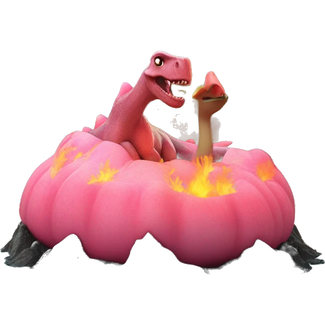 Dinosaur on flamingo floatie in a volcano emoji