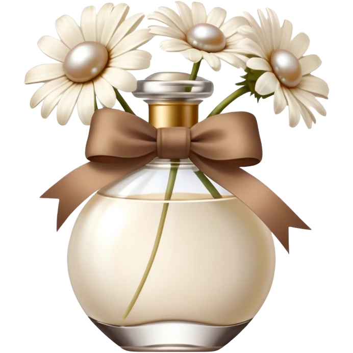 pearl white vintage style perfume bottle and ivory colored daisies and a brown bow emoji