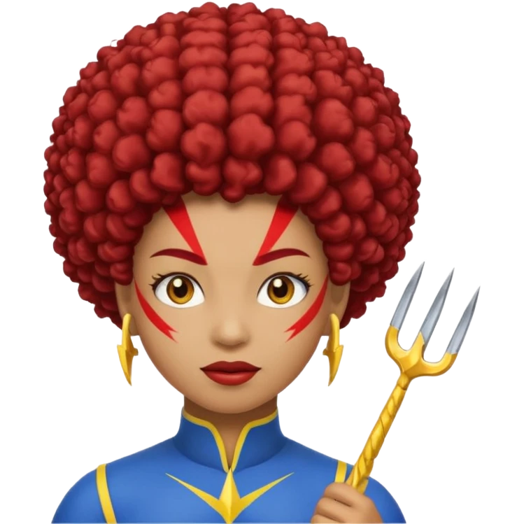 Emoji metisse femboy avec drapeau ukrainien arriere plan, un afro, sourcils rouge, fourche trident, et eclairs emoji
