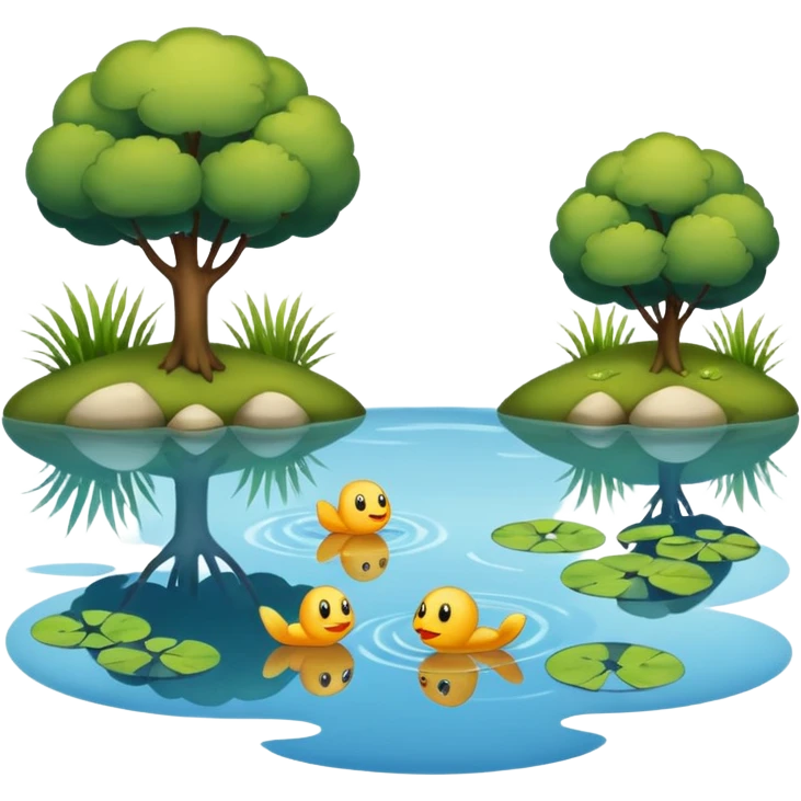 A pond is a small, still body of water—usually smaller than a lake—often shallow enough for sunlight to reach the bottom in most areas. It can be natural, formed by springs or rainfall collecting in a low area, or man-made, like a farm or garden pond. emoji