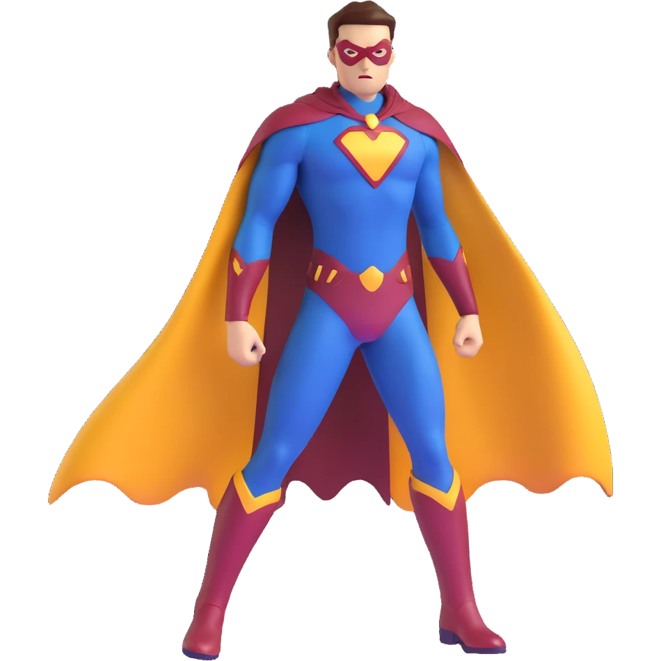 superhero in dark blue and maroon bodysuit with gold accents, digital cape, maroon boots, dynamic stance emoji