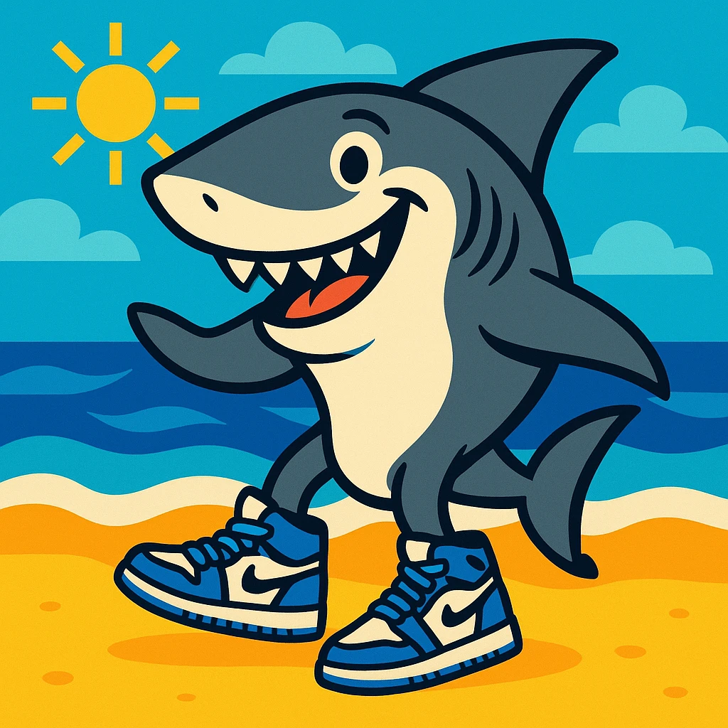 smiling shark close to the beach, wearing four blue Jordan tennis shoes, with a sunny sky and ocean, fun and lively style emoji
