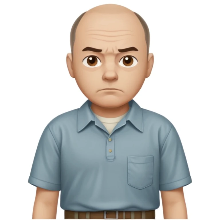 Carl from Sling Blade, serious expression, recognizable features, neutral background, full body, chin sticking out, slouching posture, no glasses, shirt with collar emoji