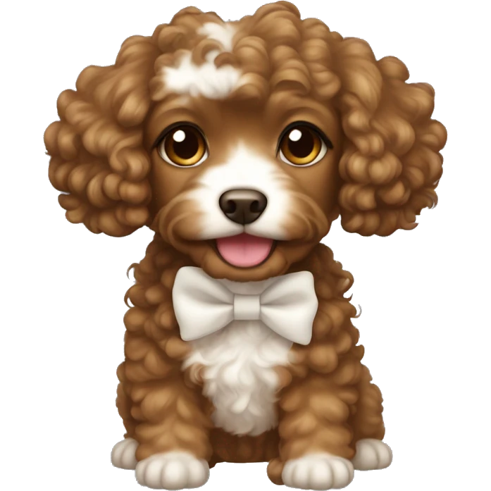 Tan girl dark curly hair holding brown Cavapoo with a white bow on ear emoji