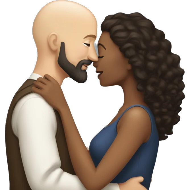 White Man bald with dark beard kissing short brown woman with long dark wavy hair emoji