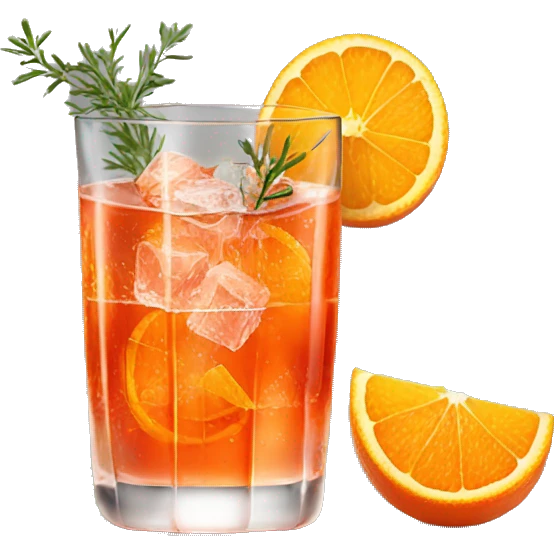 One Aperol spritz in a glass with three ice cubes, one slice of an orange, and one strand of thyme in it emoji