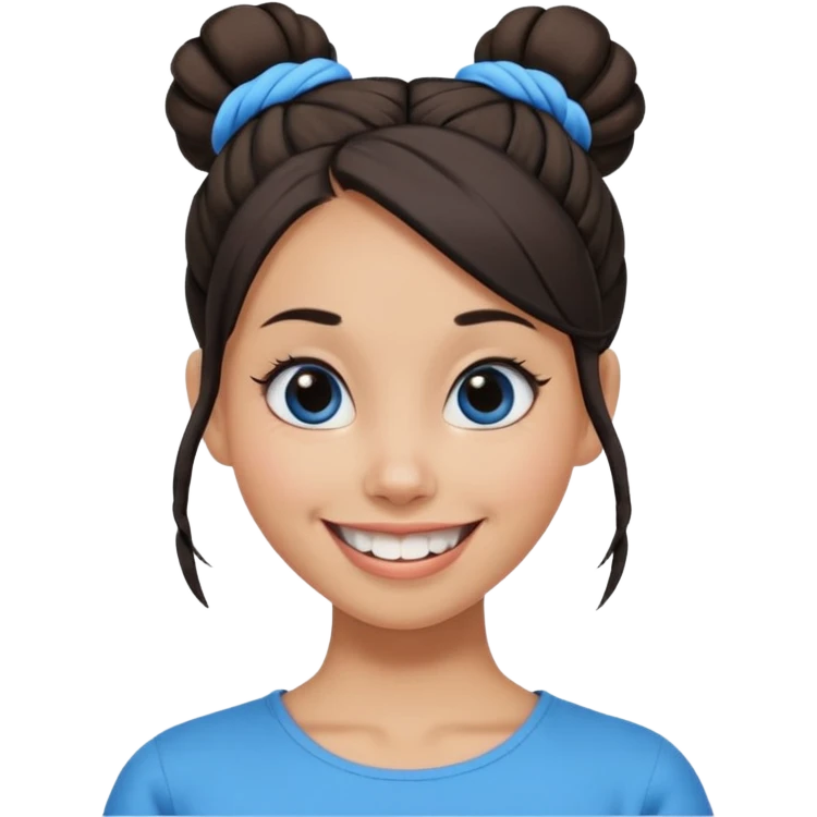 Now tied up her hair in a half-bun ,the on her head is black, while her bang is blue. Bigger eyes and brighter smile, show teeth while smiling emoji