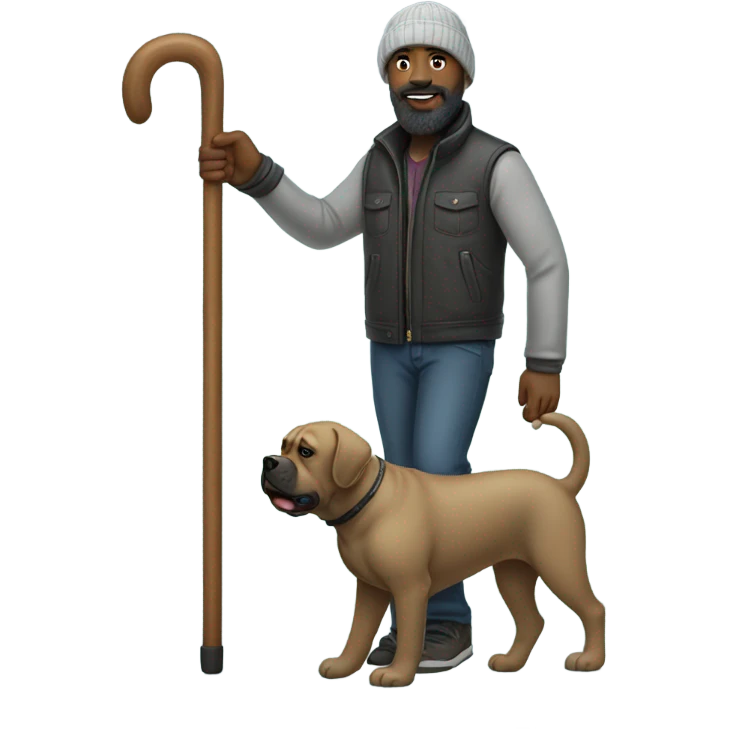 Black bald man with beard and beanie walking a Kane corso emoji