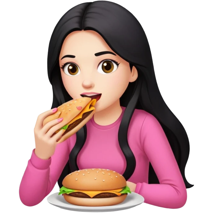 White girl in pink clothes and long black hair eating burger and pizza emoji