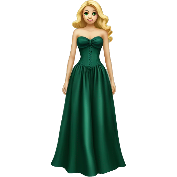Realistic dark green silk maxi dress isolated with a tight corset. No person, just a dress emoji