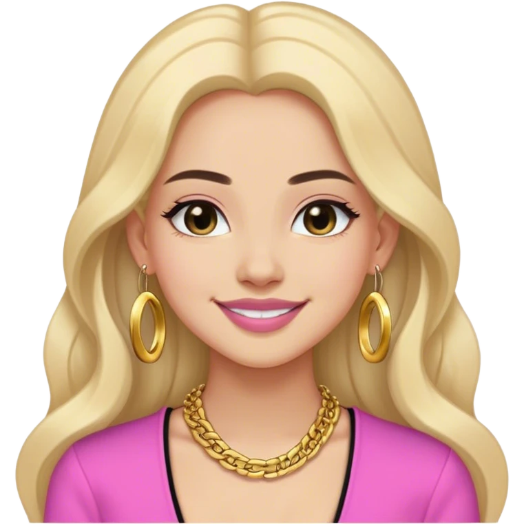 A little cool toned girl with black thick open long hair smiling and her lips should be a lightish pink in a black outfit with gold tops (not hoop) earrings and a very thin gold chain and she should have a lil jawline  emoji