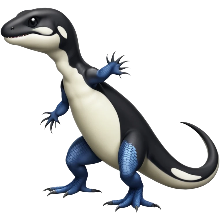 Black and white Orca-reptile-reptilian-lizard-skink-gecko-Digimon-Fakémon-hybrid full body, two legs, two arms, claws, tail emoji